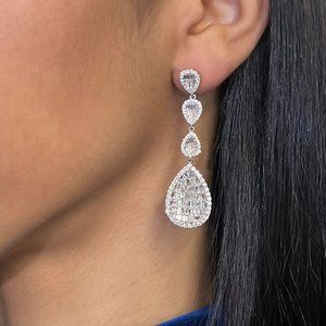 5.42Cttw Baguette Cut & Round Cut Diamond Drop Earrings 18K White Gold
